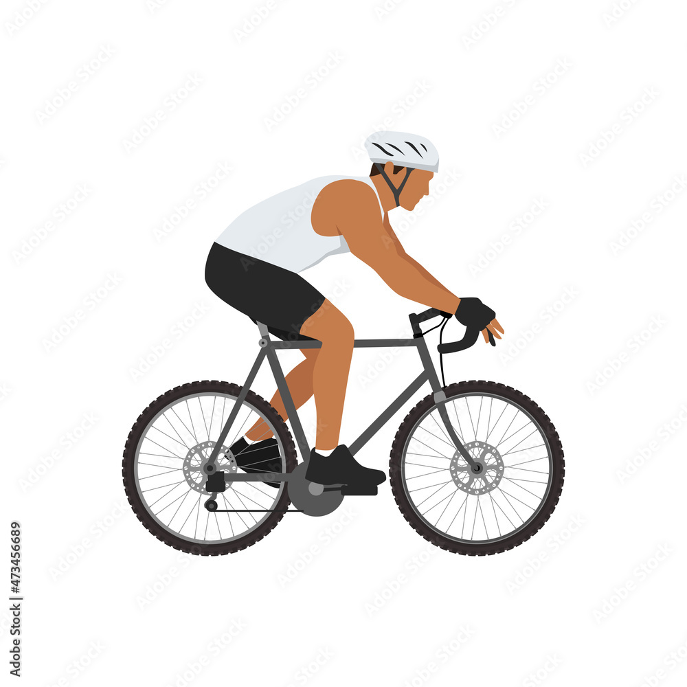 Naklejka premium Sport athlete cyclist vector illustration. Man in sportswear and helmet riding bike flat style design. Extreme sport concept. Isolated on white background