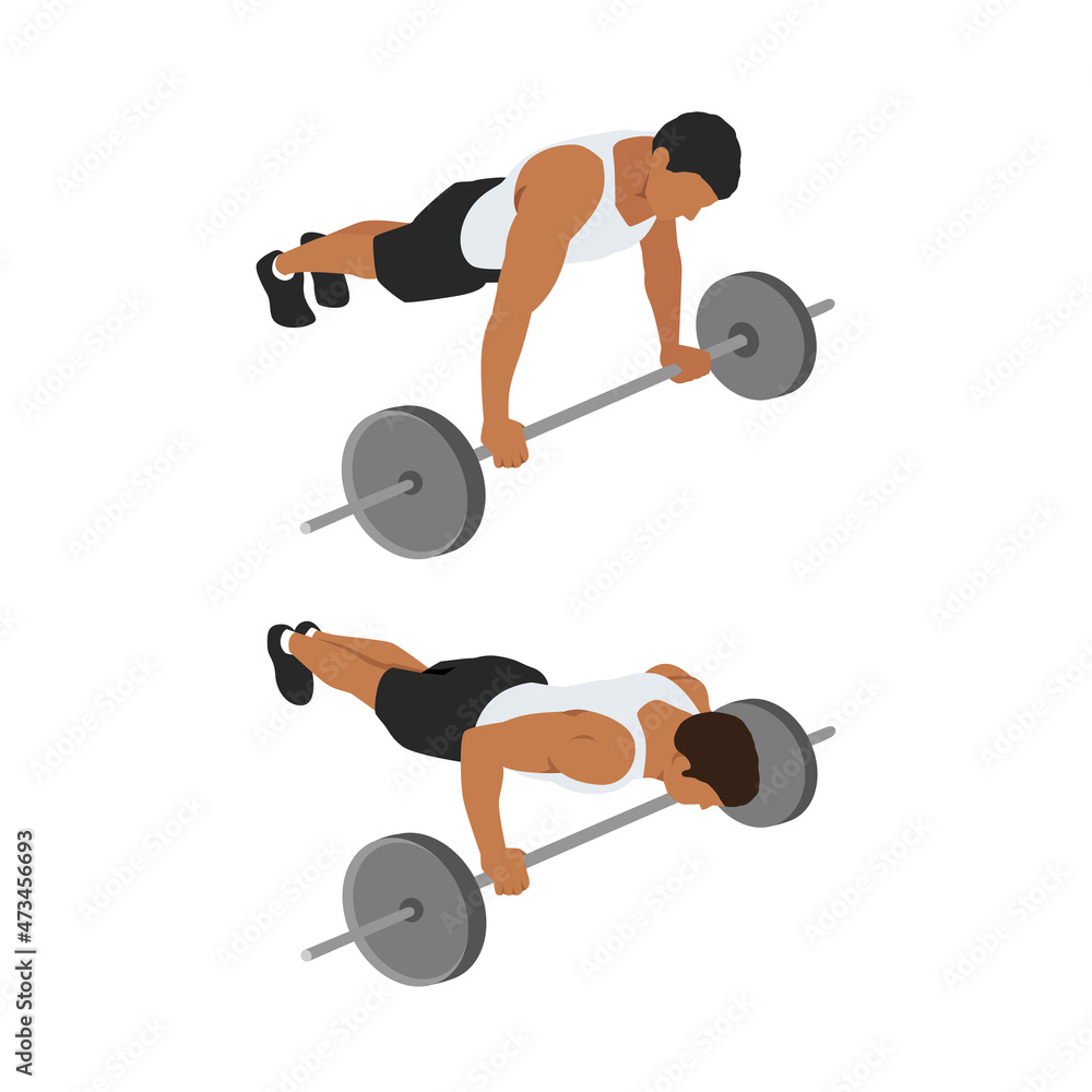 The athlete trains in the gym, doing strength exercises for muscles, Barbell pushup or press up