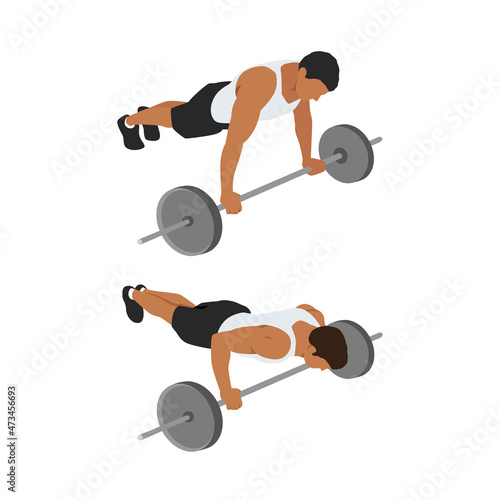 The athlete trains in the gym, doing strength exercises for muscles, Barbell push-up or press up, work on his body with weights and barbells. Fitness, healthy and self-control concept.