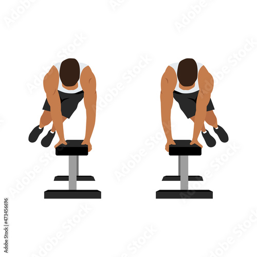 Bench hops. Box jumps. Bench jump over. Sport exersice. Silhouettes of man doing exercise. Workout, training Vector illustration