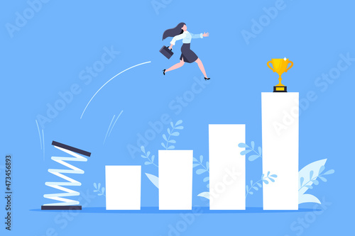 Springboard businesswoman high jump flat style design vector illustration concept. Business person jumps above career ladder. Success growth, motivation opportunity, boost career concept.