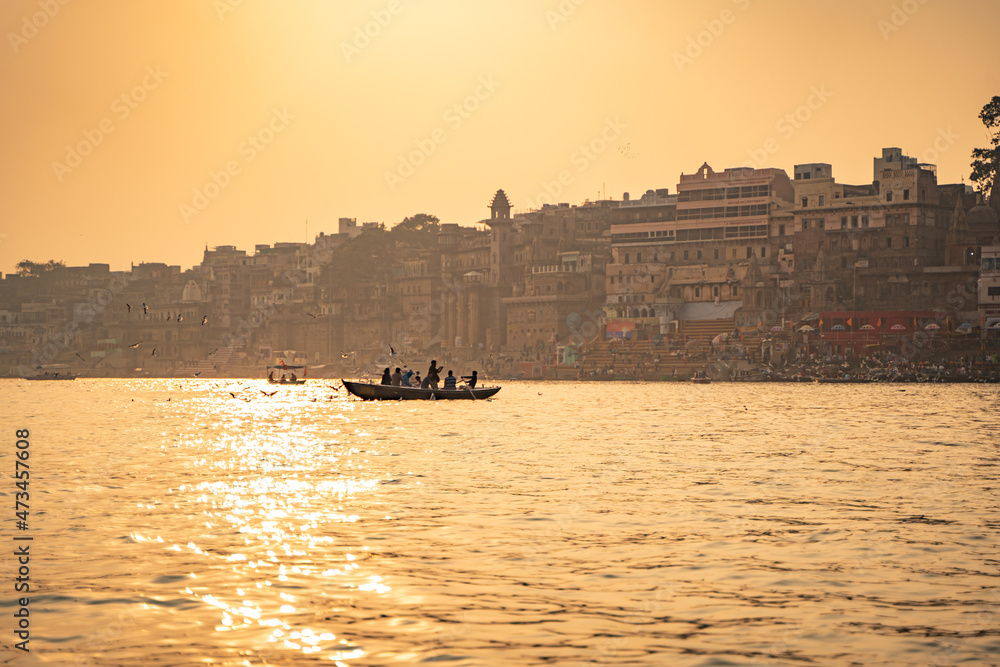 Ancient Varanasi city architecture at sunset