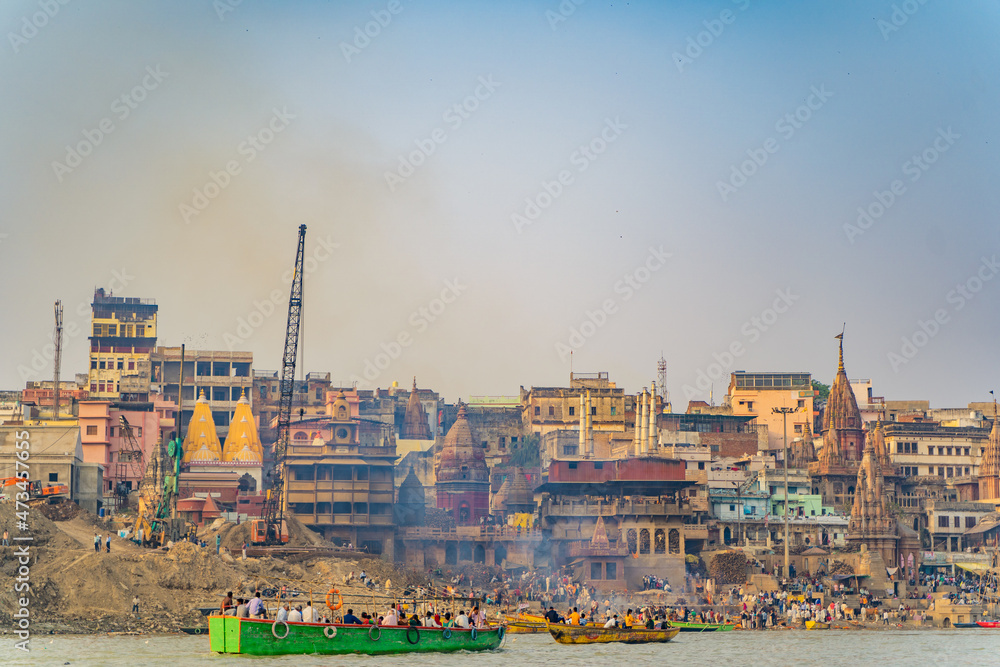 Ancient Varanasi city architecture at sunset