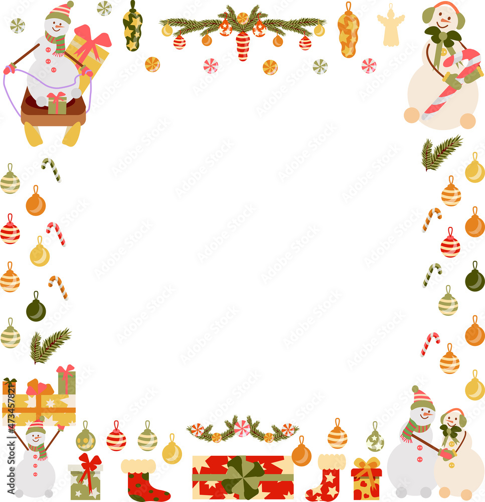 Square frame from the collection of Christmas decor, snowmen, garlands, toys, socks, holiday wreaths. vector illustration in a flat style. frame for the menu for winter holidays