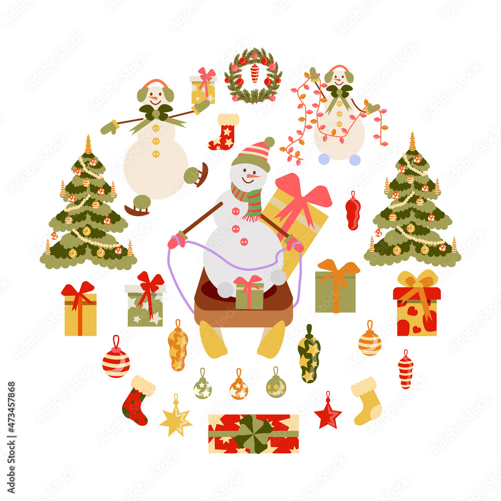 Collection of Christmas decor, snowmen, garlands, toys, socks,  festive wreaths. vector illustration in a flat style. Xmas elements are arranged in a circle. card for winter holidays