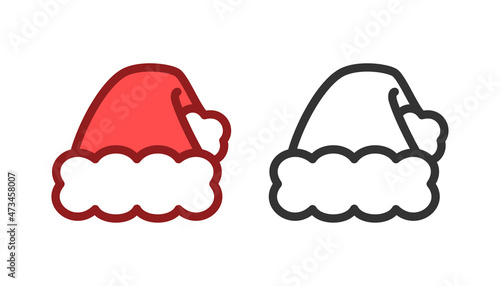 Santa Claus stocking cap colored and line art Christmas icon set