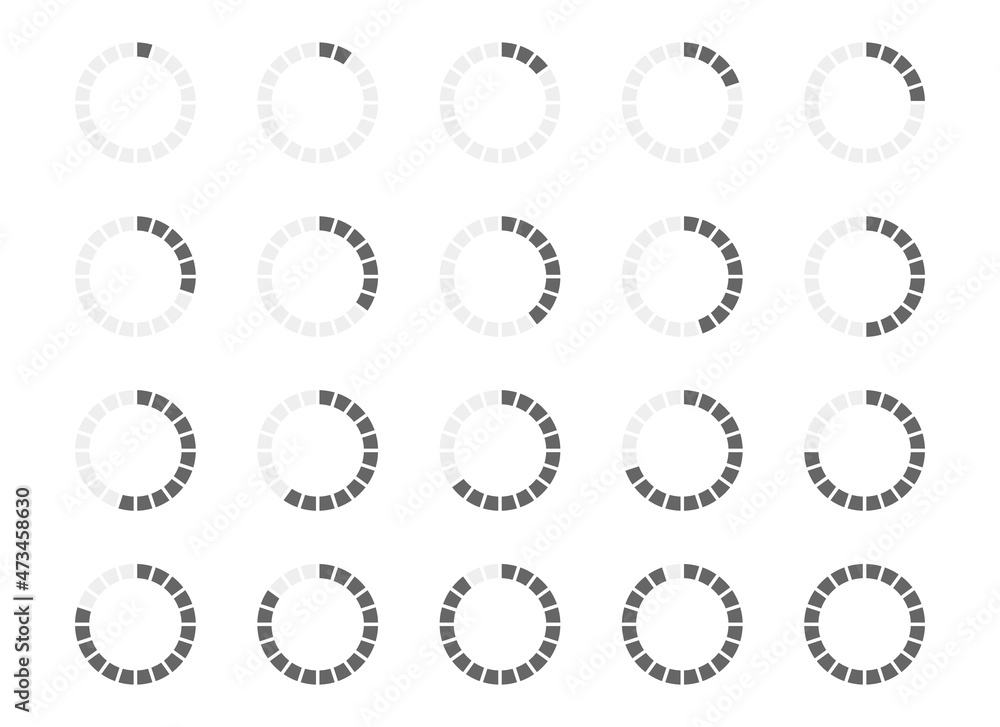 Round loading bar with filled from 1 to 20 segments. Progress, waiting or loading symbols set. Infographic animation elements for website interface. Vector flat illustration. Round loading bar with filled from 1 to 20 segments. Progress, waiting or loading symbols set. Infographic animation elements for website interface. Vector flat illustration.