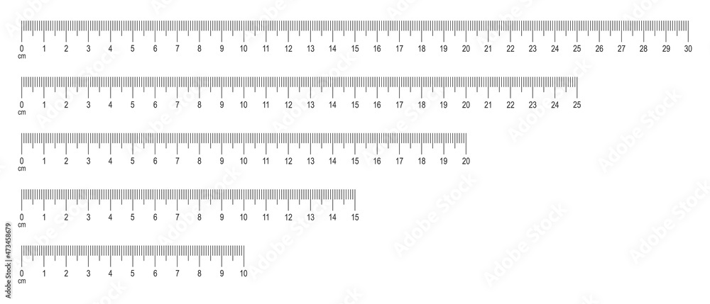 Scale of ruler with numbers set. Horizontal measuring chart with 30, 25, 20, 25, 10 centimeters markup. Distance, height or length measurement math or sewing tool. Vector graphic illustration. - obrazy, fototapety, plakaty 