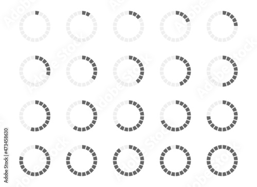 Round loading bar with filled from 1 to 20 segments. Progress, waiting or loading symbols set. Infographic animation elements for website interface. Vector flat illustration.