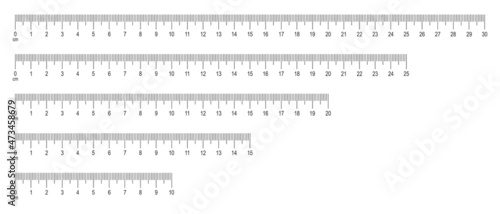 Scale of ruler with numbers set. Horizontal measuring chart with 30, 25, 20, 25, 10 centimeters markup. Distance, height or length measurement math or sewing tool. Vector graphic illustration.
