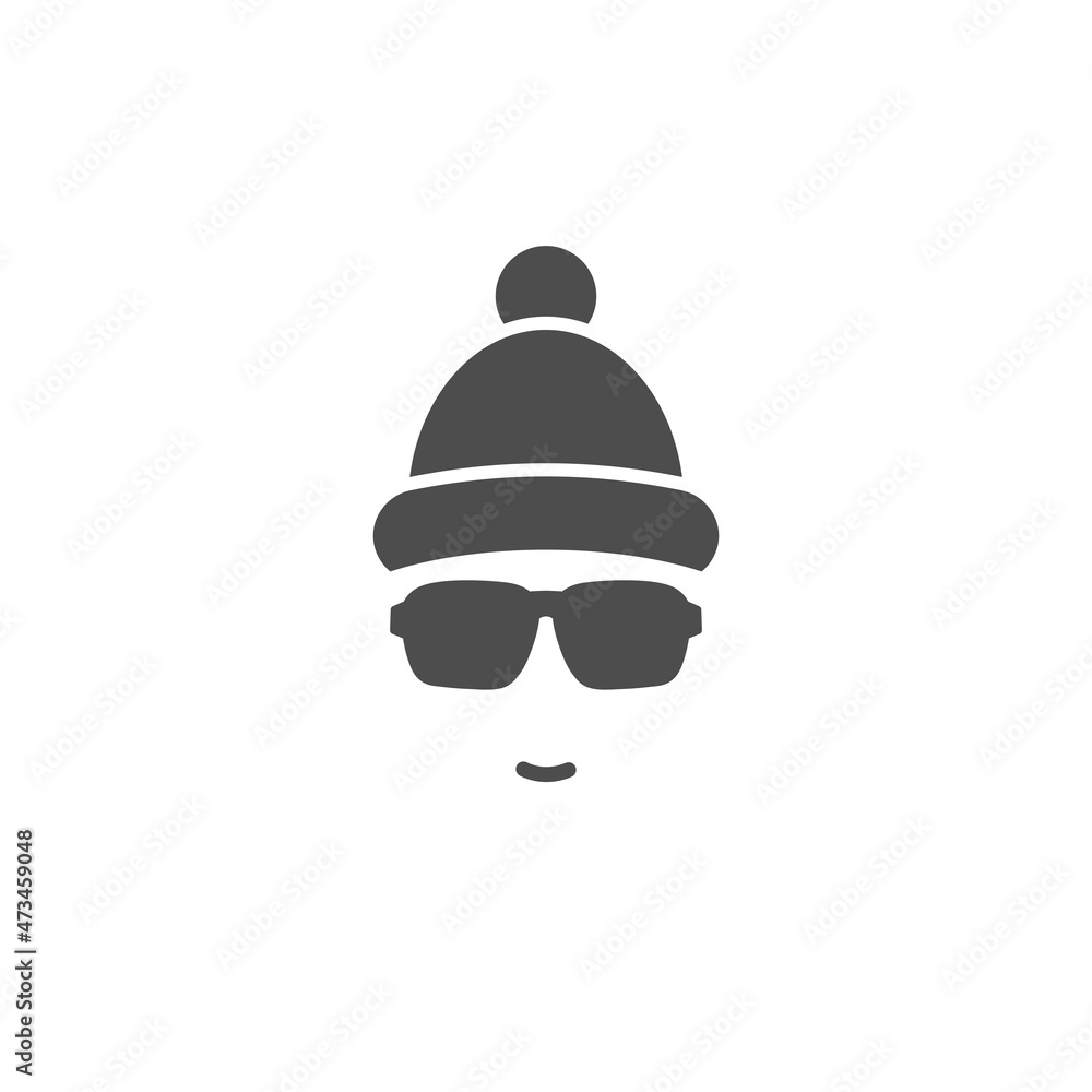 Fototapeta premium Silhouette of man's head with hipster sun glasses and winter hat with pompon.