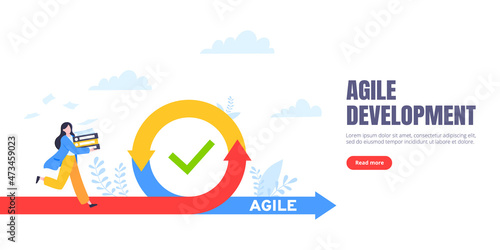Agile development methodology business concept flat style design vector illustration isolated on white background. Agile life cycle for software development diagram. Business person run into project.