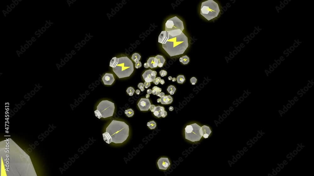 Many light bulb floating in air on black background. Creativity concept. 3D polygon illustration of glowing light bulb. Loop animation. Many light bulb floating in air on black background. Creativity concept. 3D polygon illustration of glowing light bulb. Loop animation.