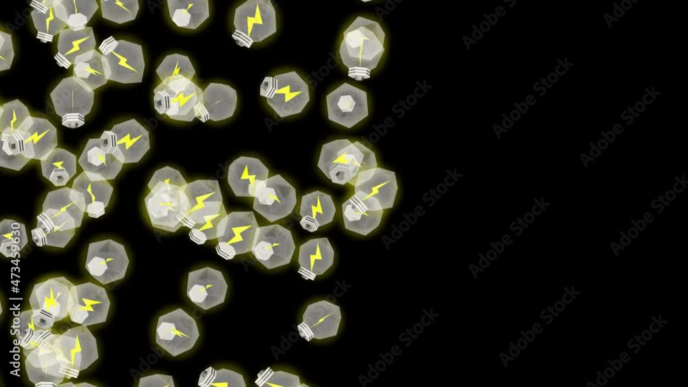 Many light bulb floating in air on black background. Creativity concept. 3D polygon illustration of glowing light bulb. Loop animation. Many light bulb floating in air on black background. Creativity concept. 3D polygon illustration of glowing light bulb. Loop animation.