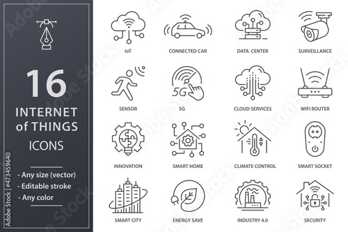 Internet of things icons, such as smart city, sensor, climat control, IoT and more. Editable stroke.