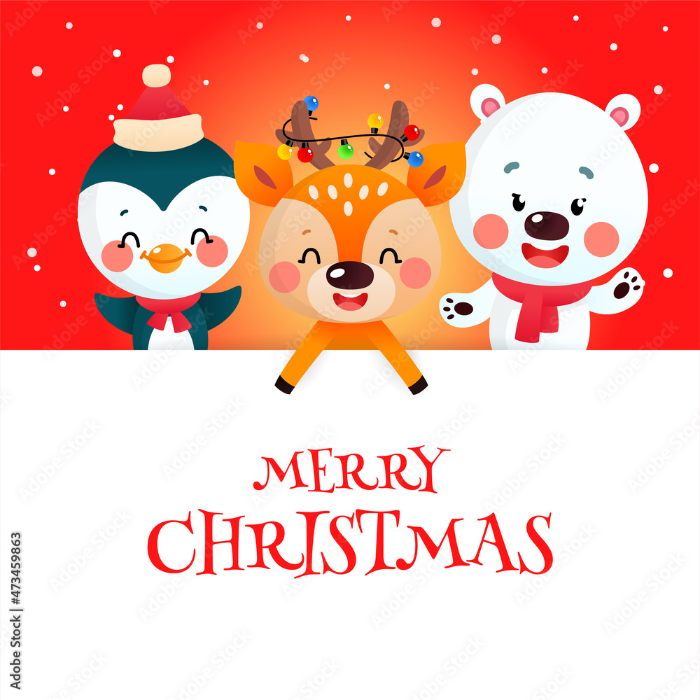Cute Merry Christmas card with cartoon characters. Winter holiday illustration of a funny little deer, a penguin and a polar bear with a big white signboard on a red background. Vector 10 EPS.