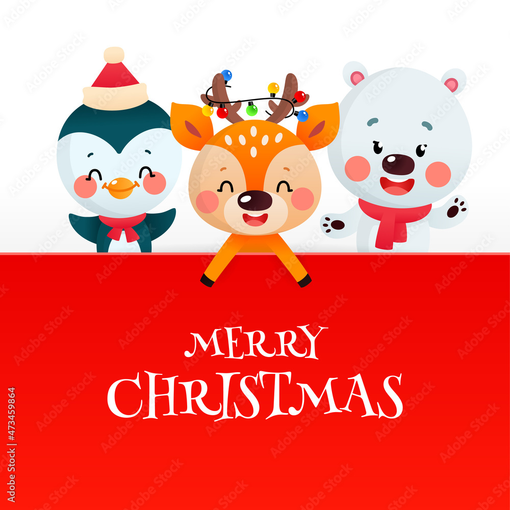 Cute Merry Christmas card with cartoon characters. Winter holiday illustration of a funny little deer, a penguin and a polar bear with a big red signboard on a white background. Vector 10 EPS. Cute Merry Christmas card with cartoon characters. Winter holiday illustration of a funny little deer, a penguin and a polar bear with a big red signboard on a white background. Vector 10 EPS.
