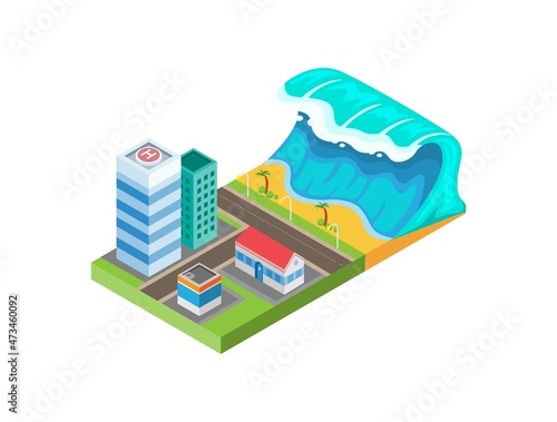 Tsunami disaster on beach and city isometric illustration vector