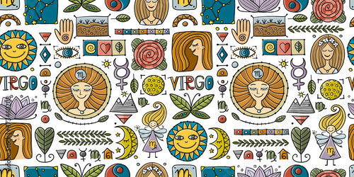 Virgo Zodiac Sign. Seamless pattern with design elements