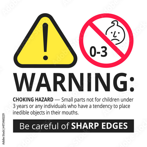 Choking hazard forbidden sign sticker not suitable for children under 3 years isolated on white background vector illustration. Warning triangle, sharp edges and small parts danger.