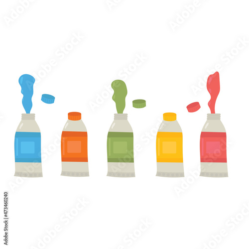 a palette of colors in tubes and an illustration isolated on a white background. Watercolor set
