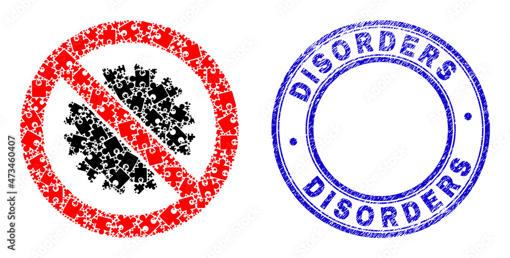 Puzzle stop virus mosaic icon with Disorders seal stamp. Blue vector round distress seal with Disorders phrase. Abstract mosaic of stop virus icon constructed of puzzle components. Puzzle stop virus mosaic icon with Disorders seal stamp. Blue vector round distress seal with Disorders phrase. Abstract mosaic of stop virus icon constructed of puzzle components.