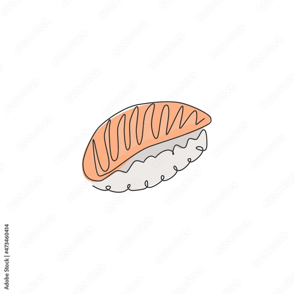 Single continuous line drawing of fresh stylized sushi bar logo label. Emblem fresh nigiri seafood restaurant concept. Modern one line draw design vector illustration for shop or food delivery service Single continuous line drawing of fresh stylized sushi bar logo label. Emblem fresh nigiri seafood restaurant concept. Modern one line draw design vector illustration for shop or food delivery service