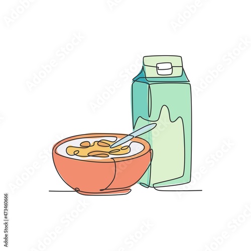 One continuous line drawing of fresh delicious cereal breakfast and milk with gable top carton box. Healthy natural food. Modern single line draw design organic food vector graphic illustration