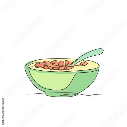 Single continuous line drawing of stylized bowl of cereal breakfast with fresh milk. Healthy whole wheat food concept. Modern one line draw design natural food vector illustration graphic