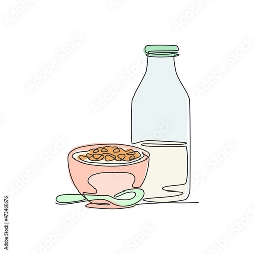One continuous line drawing fresh delicious bowl of cereal breakfast and a bottle of milk. Healthy breakfast template concept. Modern single line draw design natural food graphic vector illustration