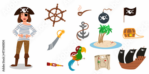 A set of pirate items. a pirate character of a girl in a suit, hat and an eye patch. A woman in a striped jacket, hands on her waist. vector illustration of a pirate sailor