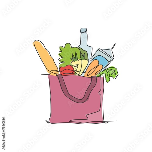 Single continuous line drawing of stylized paper grocery bag contain fresh vegetable, milk, bread. Daily food concept. Modern one line draw design vector illustration for shop or food delivery service