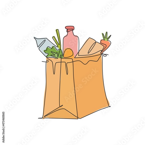 One single line drawing of fresh paper grocery bag contain milk, carrot, milk, bread inside vector illustration graphic. Staple food concept. Modern continuous line draw grocery store design