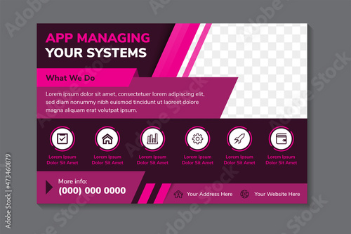 Vector abstract horizontal banner with dark pink modern futuristic hi-tech background. application managing your systems flyer design template with rectangle photo space. 