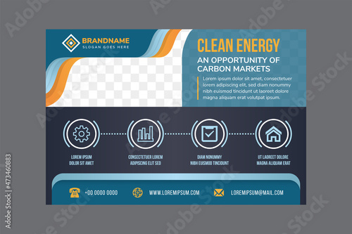 Vector abstract horizontal banner with dark blue modern futuristic hi-tech background. clean energy of carbon market flyer design template with rectangle photo space. 