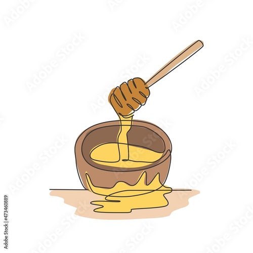 One continuous line drawing of fresh delicious sweet honey on wooden bowl with dipper drip. Natural organic food template concept. Modern single line draw design healthy supplement vector illustration