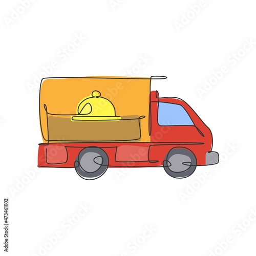 One continuous line drawing of box car with tray cover cloche for food delivery service logo emblem. Fast food cafe shop logotype template concept. Modern single line draw design vector illustration
