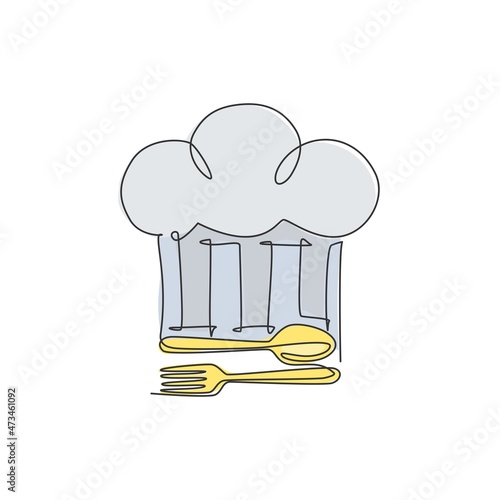 One continuous line drawing of chef hat with fork and spoon for restaurant logo emblem. Cafe shop logotype template art concept. Modern single line draw design graphic vector illustration