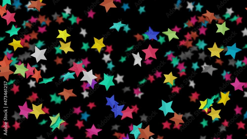Many colorful stars floating in air on black background. Star icons explosion illustration. Childhood education concept. 3D loop animation. Many colorful stars floating in air on black background. Star icons explosion illustration. Childhood education concept. 3D loop animation.