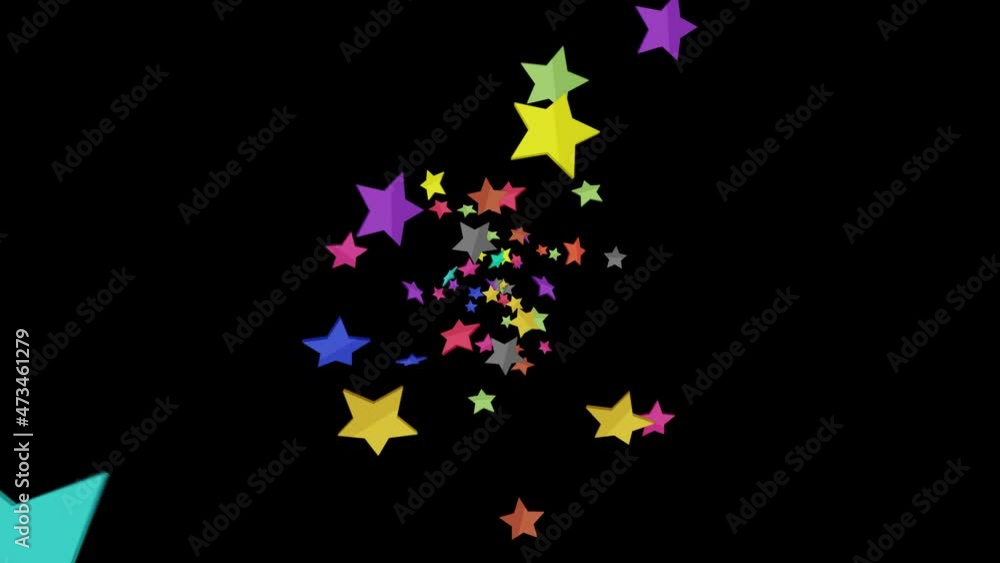 Many colorful stars floating in air on black background. Star icons explosion illustration. Childhood education concept. 3D loop animation. Many colorful stars floating in air on black background. Star icons explosion illustration. Childhood education concept. 3D loop animation.