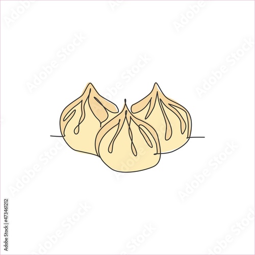 Single continuous line drawing of stylized Chinese dumpling logo label. Asian mantou restaurant graphic concept. Modern one line draw design vector illustration for cafe, shop or food delivery service