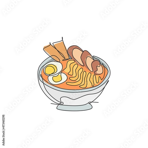One single line drawing of fresh Japanese ramen logo graphic vector illustration. Fast food Japan noodle cafe menu and restaurant badge concept. Modern continuous line draw design street food logotype