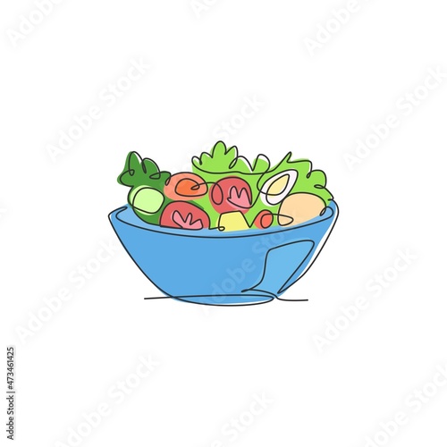 Single continuous line drawing of stylized vegetables salad on bowl logo label. Healthy food restaurant concept. Modern one line draw design vector illustration for cafe, shop or food delivery service
