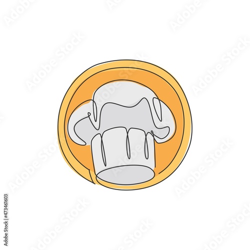 One single line drawing of chef uniform cap or hat for restaurant logo graphic vector illustration. Cafe and restaurant logotype badge concept. Modern continuous line draw design