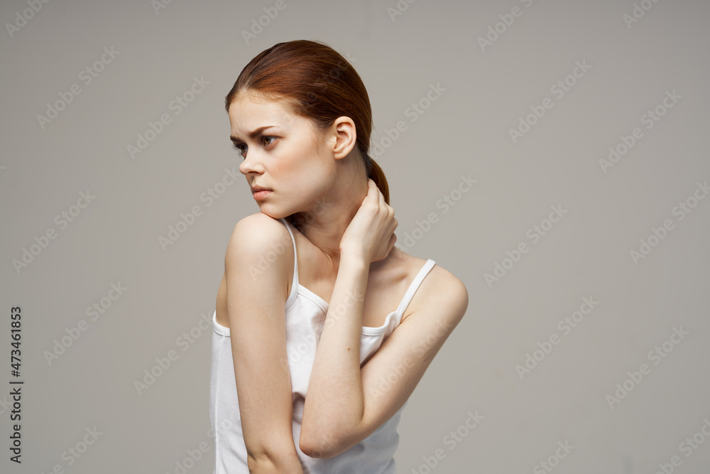 woman pain in the neck arthritis chronic disease isolated background woman pain in the neck arthritis chronic disease isolated background