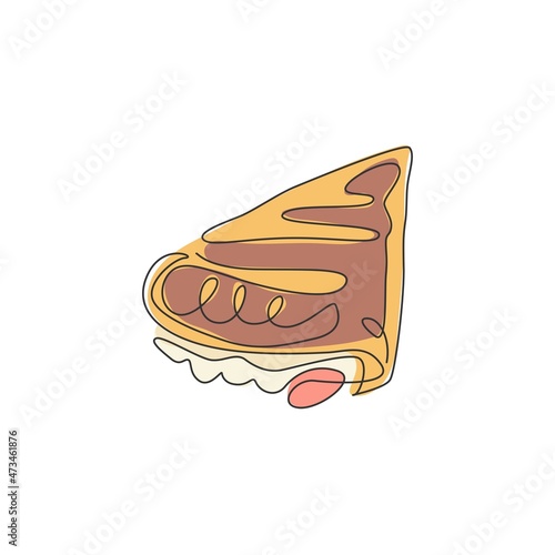 Single continuous line drawing of stylized crispy crepes with syrup, sauce chocolate stuffing logo label. Sweet snack restaurant concept. Modern one line draw design vector illustration for cafe shop
