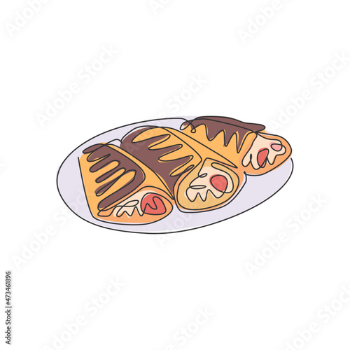 One single line drawing of fresh crispy crepes on plate logo vector illustration. Sweet snack fast food cafe menu and restaurant badge concept. Modern continuous line draw design street food logotype