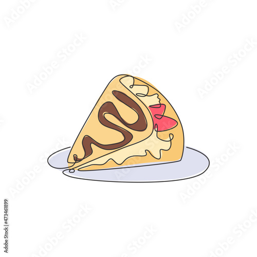 One continuous line drawing of fresh delicious crispy crepes restaurant logo emblem. Sweet snack shop logotype template concept. Modern single line draw design graphic vector illustration