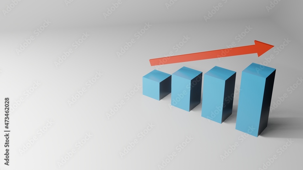3D Three Dimensional Illustration of Rising Bar Chart in Blue Color with Red Arrow Direction with Negative Space. Perfect For Business Presentation Template Illustrations 3D Three Dimensional Illustration of Rising Bar Chart in Blue Color with Red Arrow Direction with Negative Space. Perfect For Business Presentation Template Illustrations