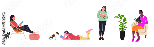People or students reading and preparing for examination sitting on. Education, learning design elements. Modern literature fans, Set of book lovers, readers. Flat cartoon vector illustration. 